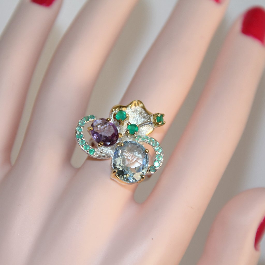 Blue Topaz Amethyst Emerald Sterling Gold Ring 98$